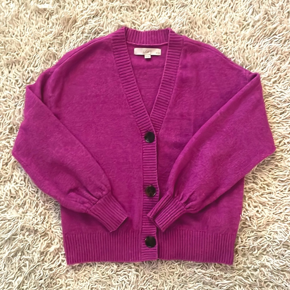 LOFT Vibrant Fuschia Balloon-Sleeved Cardigan (Petite S)